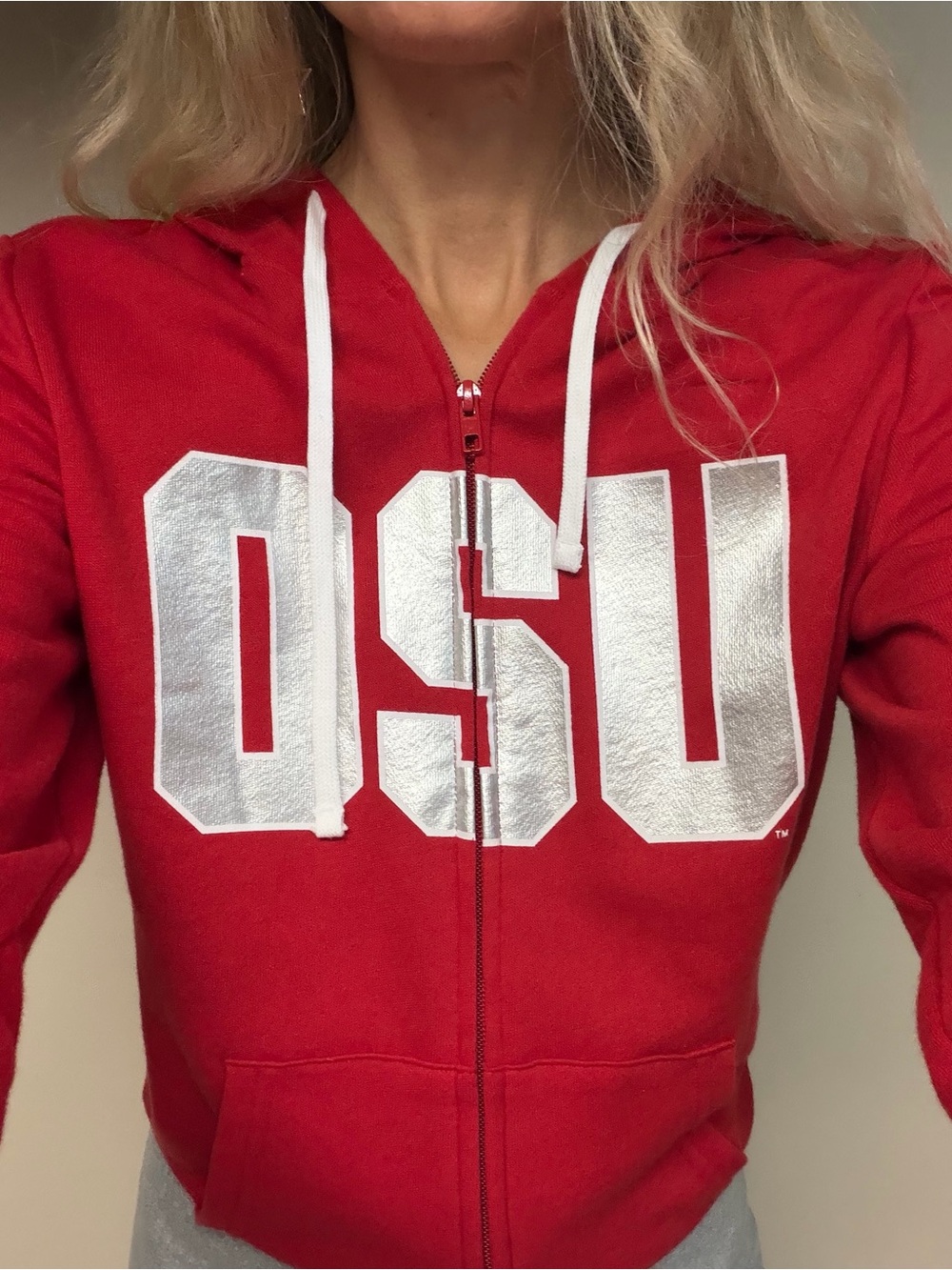PINK Victoria's Secret Red Zip-Up Hoodie with Silver OSU Letters